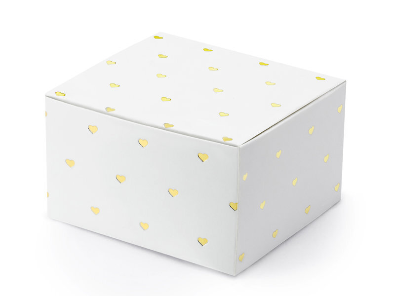 Dekoratyvinės dėžutės skanėstams, baltos su auksinės spalvos širdelėmis, 6x3,5x5,5 cm, 1 dėž/50 pak (1 pak/10 vnt) kaina