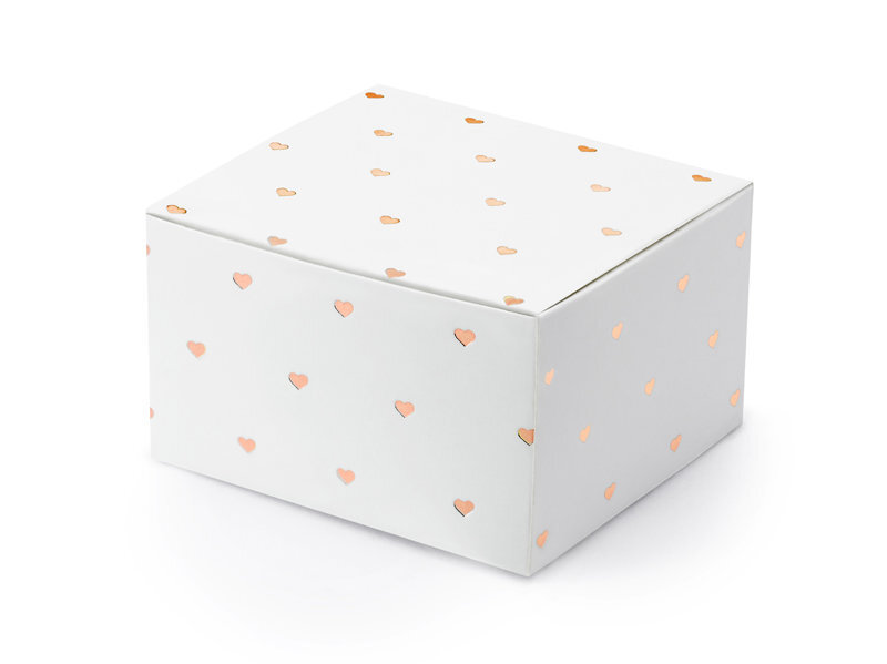 Dekoratyvinės dėžutės skanėstams, baltos su rožinio aukso spalvos širdelėmis, 6x3,5x5,5 cm, 1 pak/10 vnt