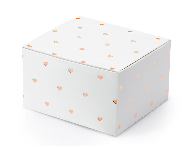 Dekoratyvinės dėžutės skanėstams, baltos su rožinio aukso spalvos širdelėmis, 6x3,5x5,5 cm, 1 dėž/50 pak (1 pak/10 vnt) kaina