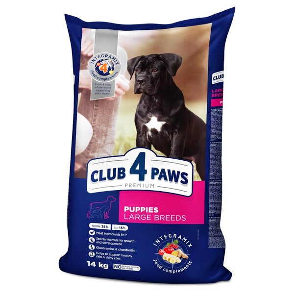 CLUB 4 PAWS Premium pilnavertis sausas maistas didelių veislių šuniukams su vištiena, 14,0 kg